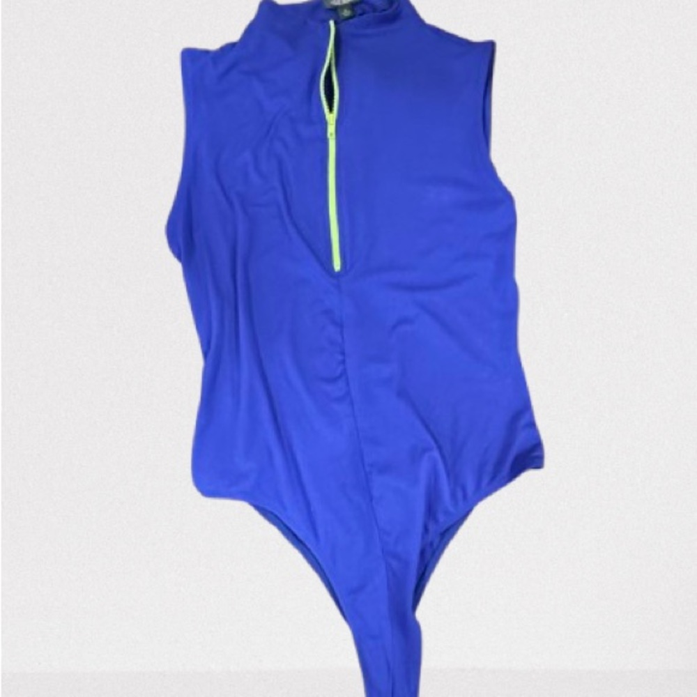 Blue Sleeveless Bodysuit with Neon Zipper